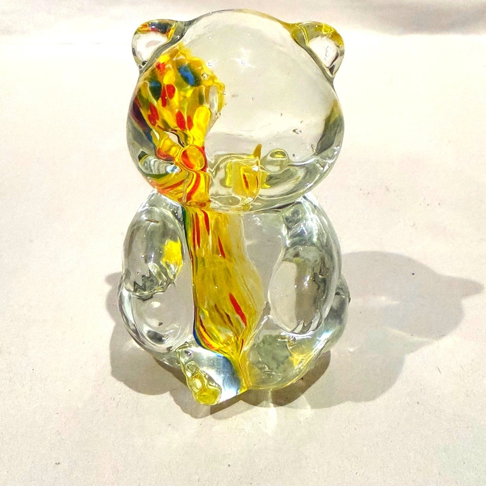 Art Glass Bear Figurine Hand Blown Clear Multicolor Internal Cane Murano Style